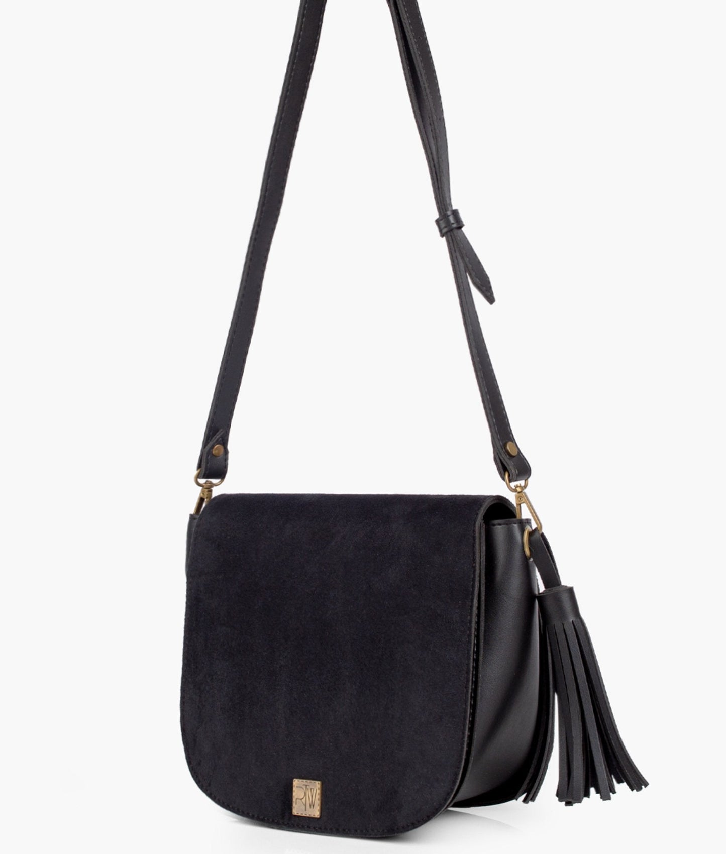 Black suede foldover saddle bag