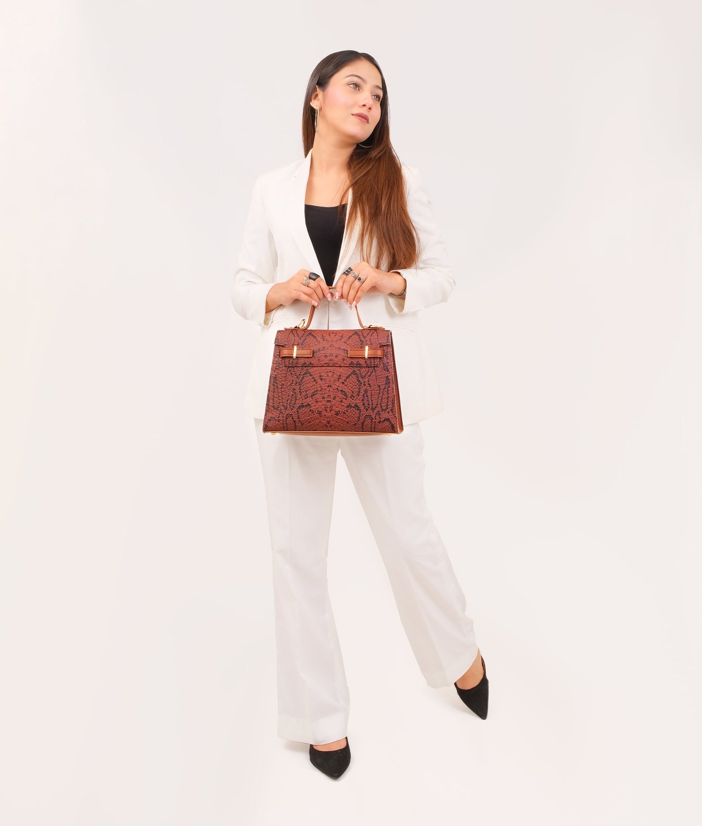 Brown crocodile cross-body bag with top-handle