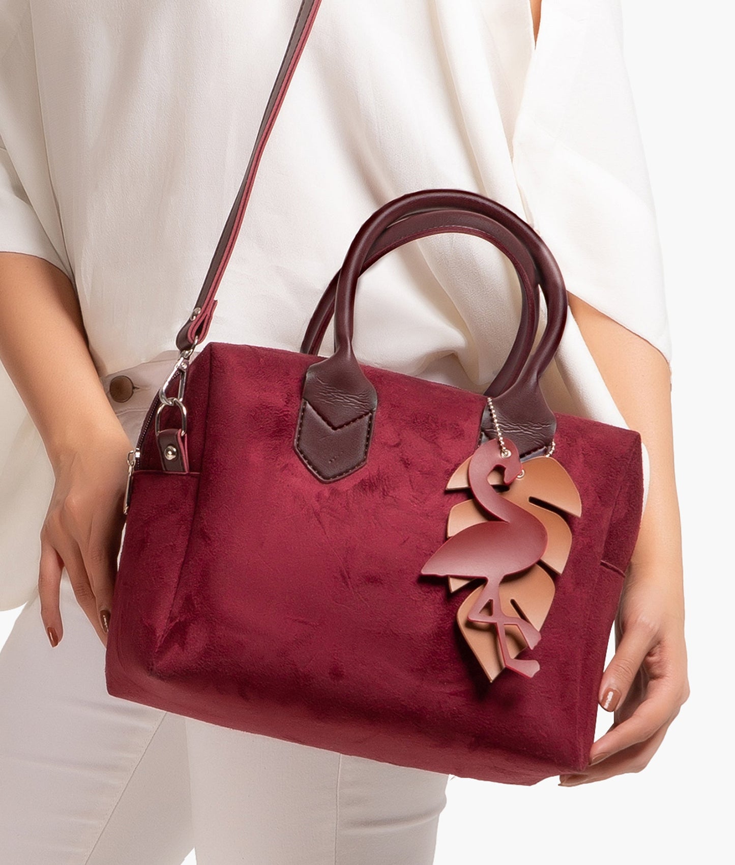 Burgundy suede mini bowling bag