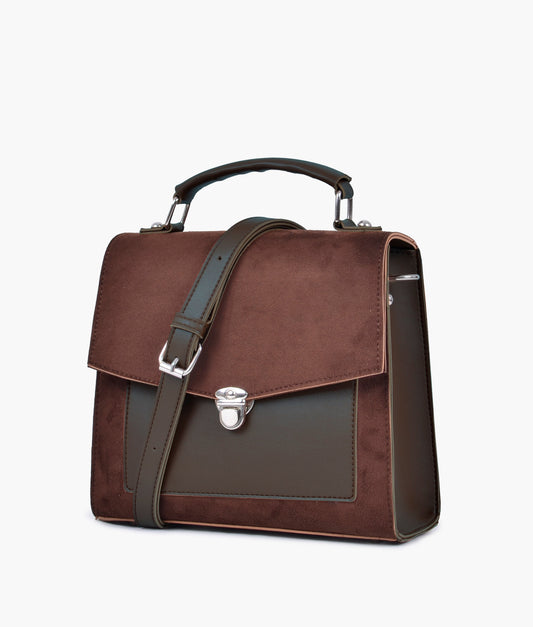 Dark brown suede push-lock messenger bag