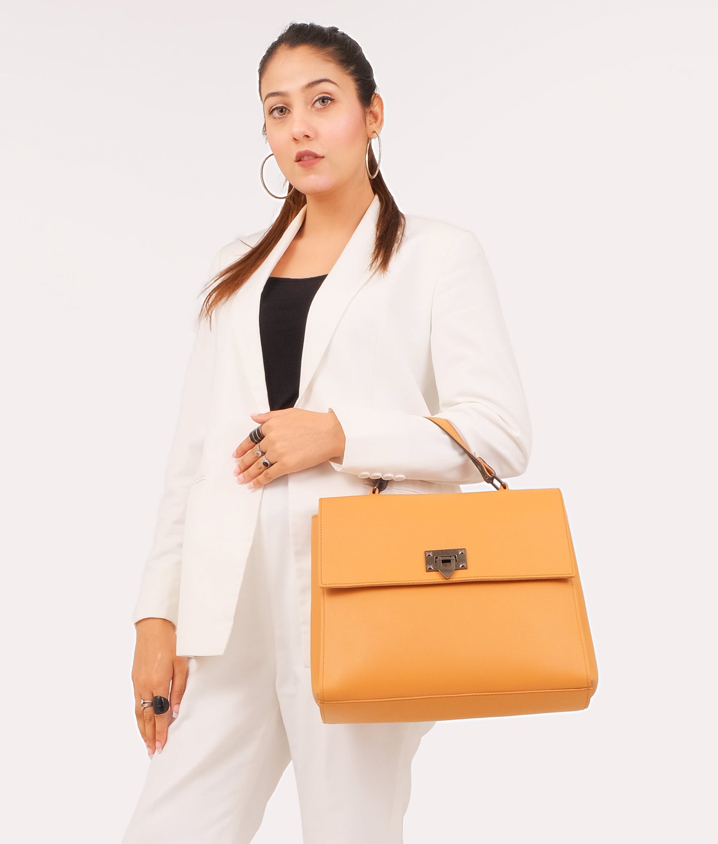 Mustard flap-over top-handle bag